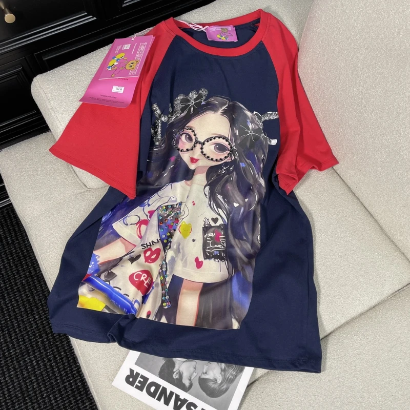 Fashion Trendy Retro Diamond-encrusted Contrasting Short-sleeved T-shirt Women's Autumn Winter New Character Printed Loose Tees