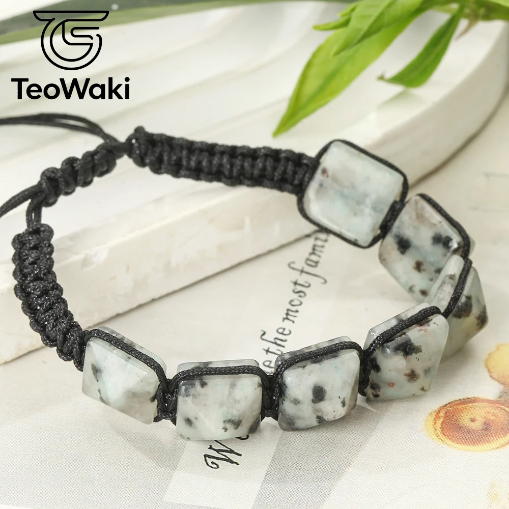 TeoWaki Natural Tianshan Blue Pyramid Beads Braided Bracelet Adjustable Geometric Square Stone Bracelet Fashion Jewelry 14+8cm