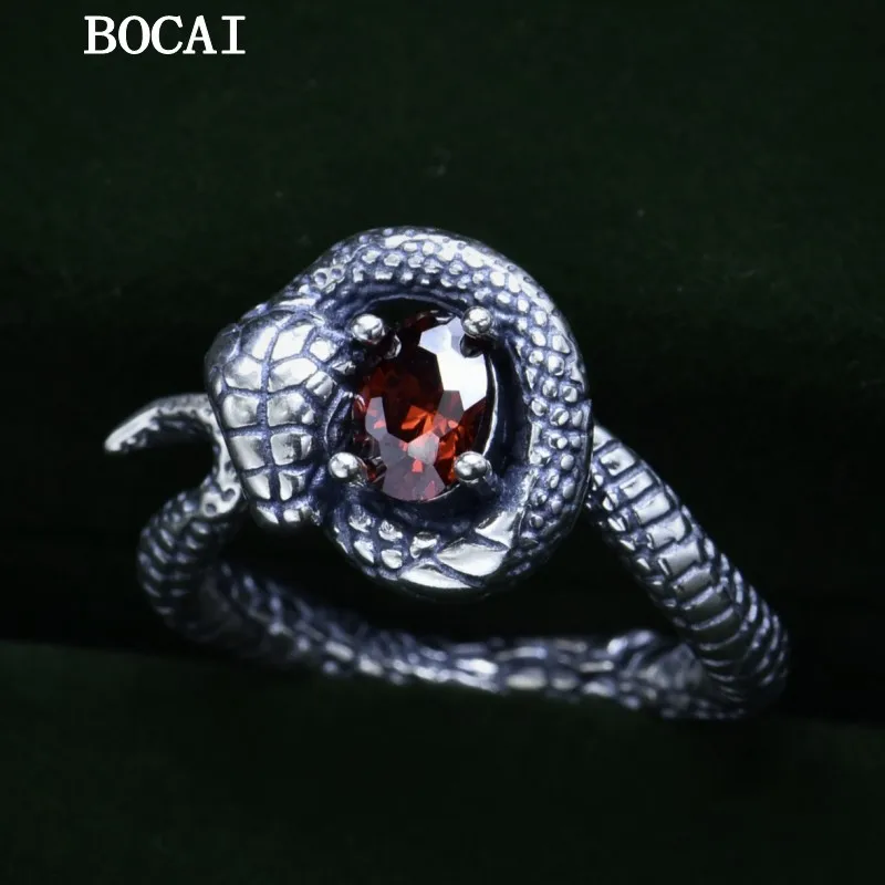 BOCAI New S925 Sterling Silver Vintage Personality Set With Zircon Open Mouth Cobra Ring Men's and Women's Gift