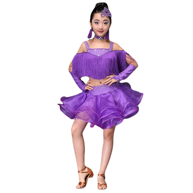 Set Diamond Fringe Tassels Latin Dance Dress Ballroom Costume Kids Latin Dress Costume for Girls Dance Competition Dancing Wear