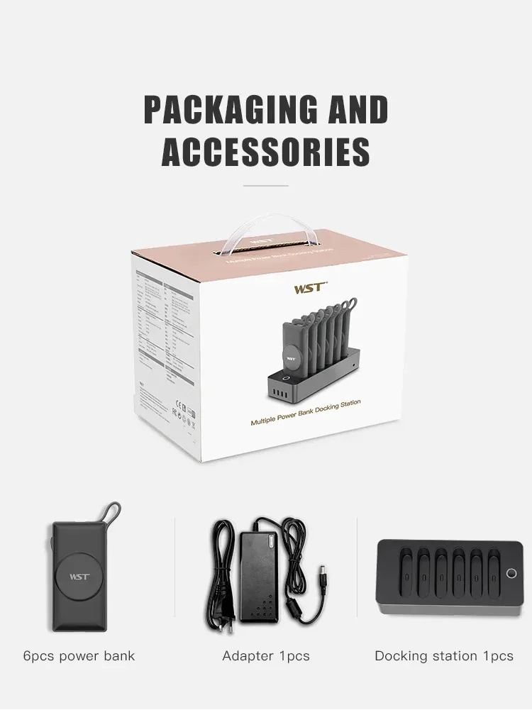 PB922W6M WST Restaurant Multiple USB Hotel Lobby Mobile Power Bank Portable Magnetic Wireless Charging  10000 Mah*6