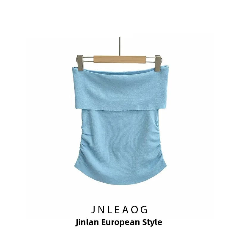 

ZBZA Spring New Women's Faion Sexy One-oulder Pleated Slim Fit oulder Bared Tube Top Linen Regular Svel ort Length