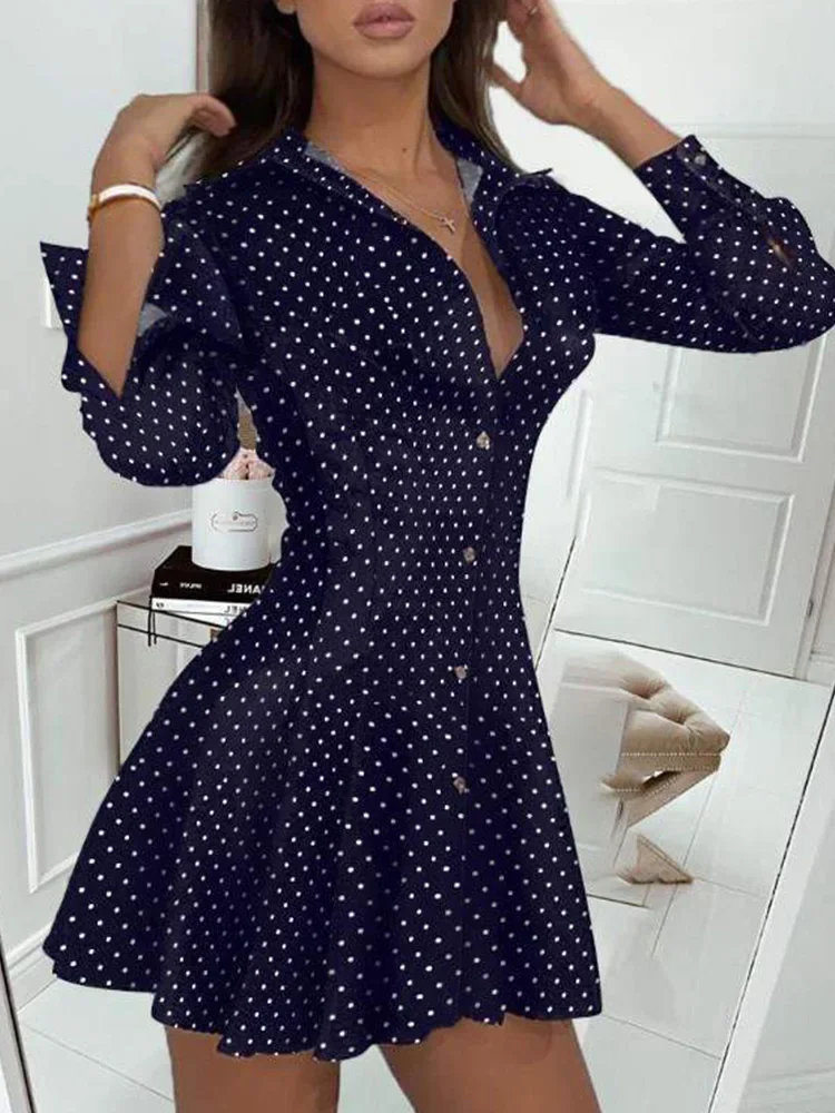 Dot Print Pleated Dress Women Long Sleeve Turn Down Collar Elegant Mini Dress Ladies Casual Short Dress