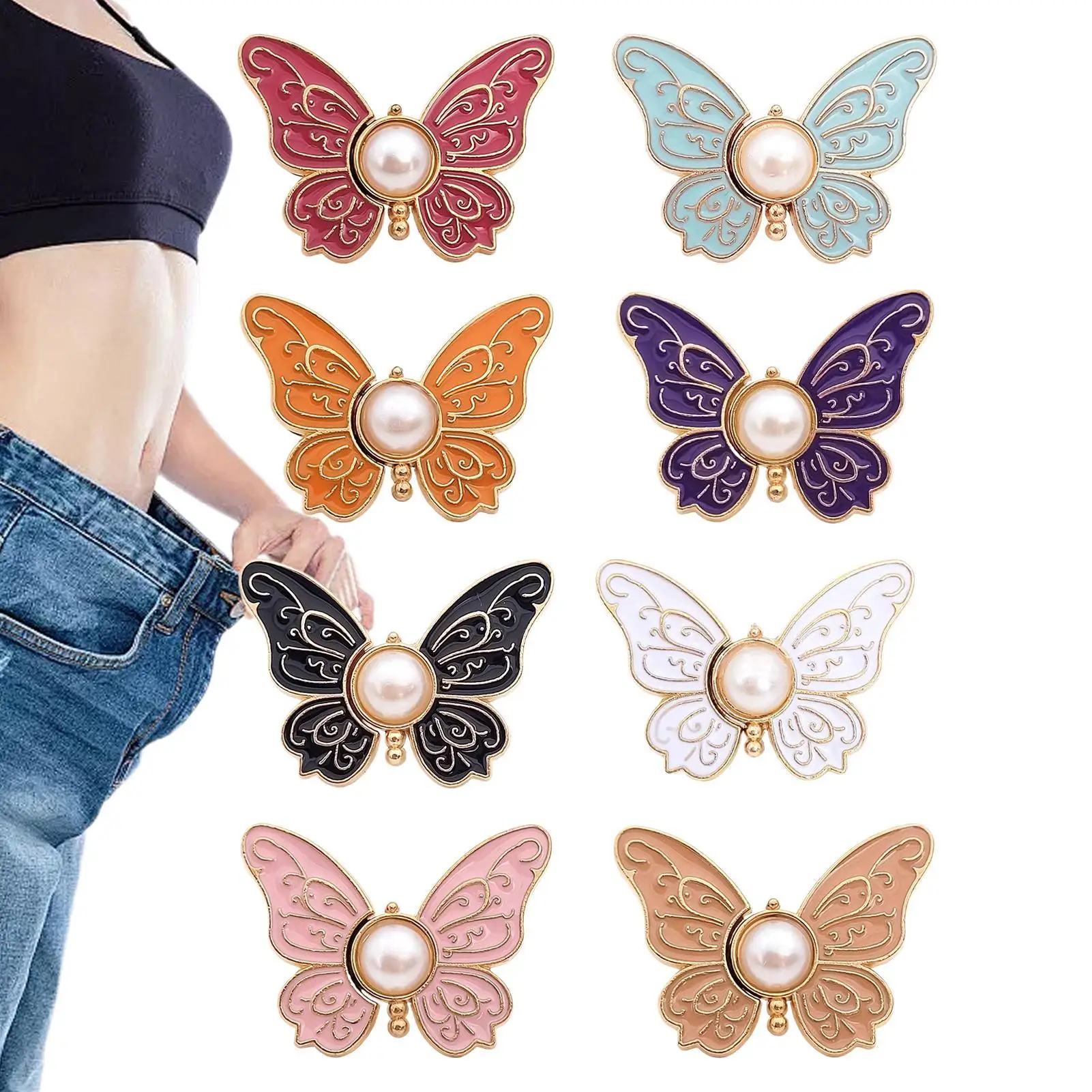 Butterfly Jeans Button 8 Pieces Adjustable Clips Waist Tightener Buckle Retractable Button Adjuster for Waist Cincher Clips