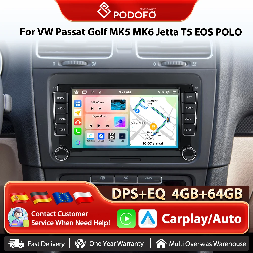 Podofo 7 "Android 4G + 64G Für Apple Carplay Auto Stereo GPS NAVI WIFI RDS FM BT für VW Golf 5 6 Passat Polo Touran Tiguan GPS