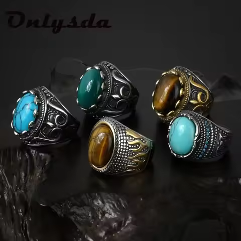 Fashion Flower Band Oval Natural Man Ring With Stone For Women Vintage Look Antique Silver Color Men Jewelry Party Gifts