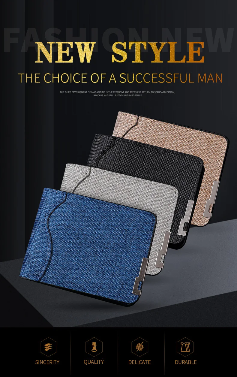 Men's And Women's Slim Fit Double Fold Canvas Wallet With Metal Decoration, Casual Denim Style Cash And Card Wallet
