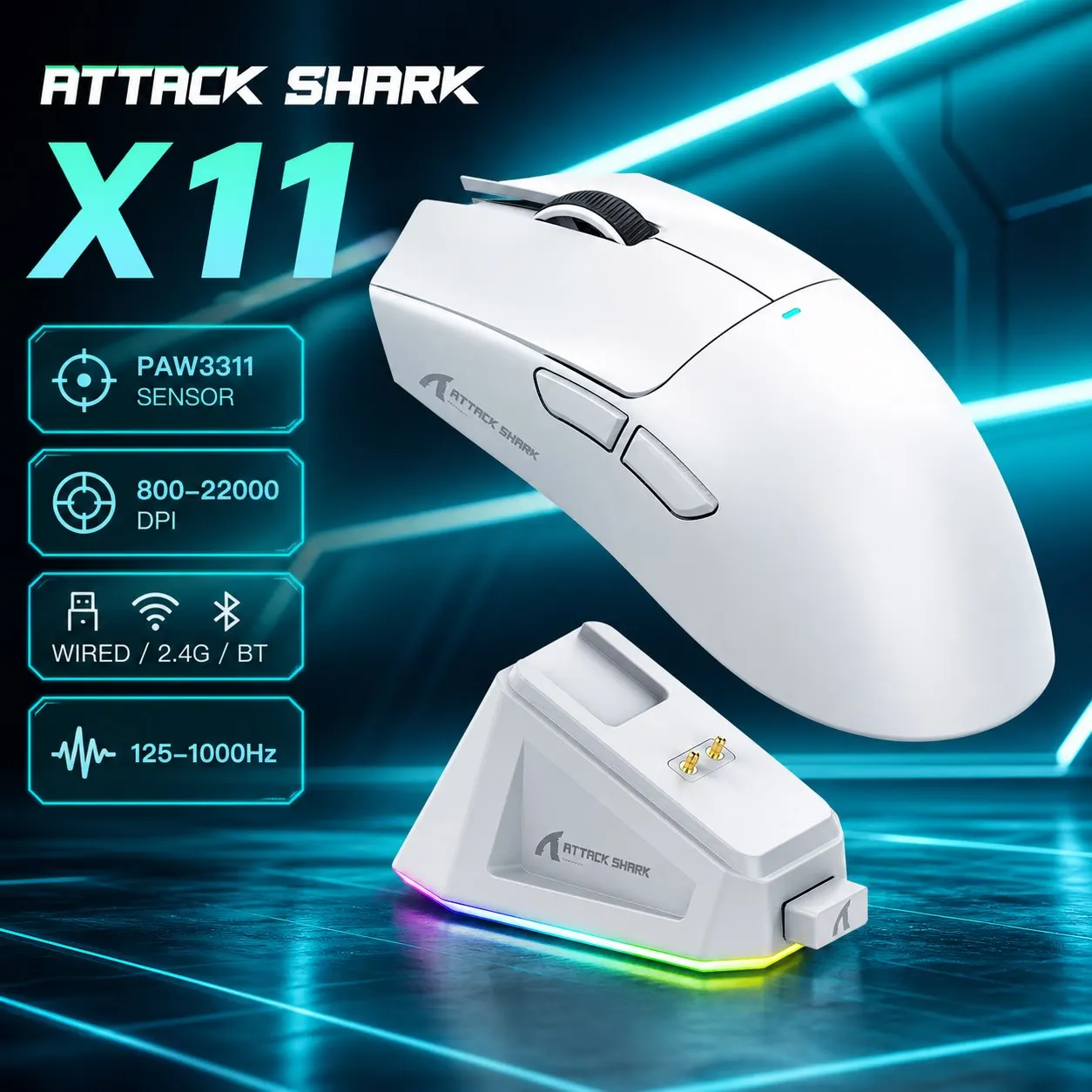 Attack Shark X11 Wireless Mouse, Bluetooth/2.4G/wired Tri-Mode Mouse, PAW3311 RGB Magnetic Charging Dock Gaming Mouse