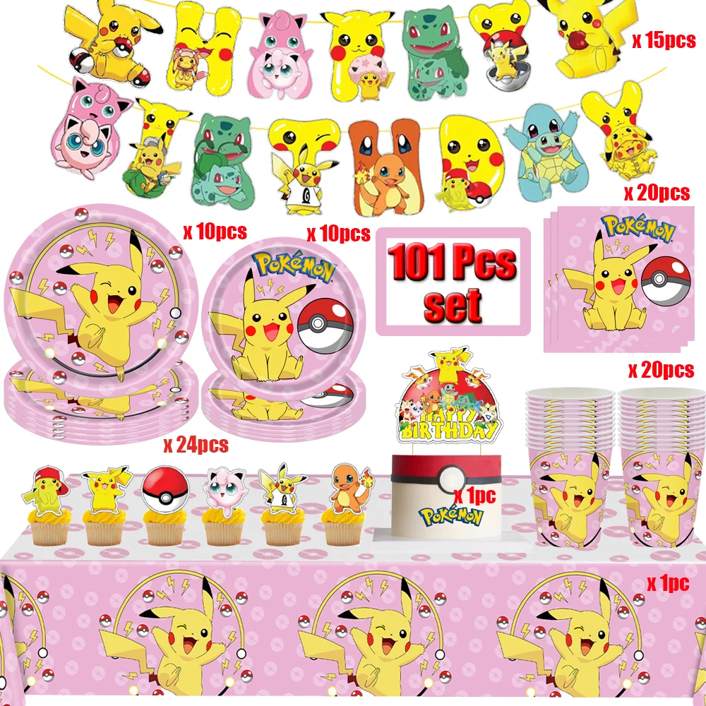 Hot Anime Pokemon Theme Boys Birthday Party Decoration Tableware Set Children's Toys Baby Shower Pikachu Party Supplies Toys ﻿