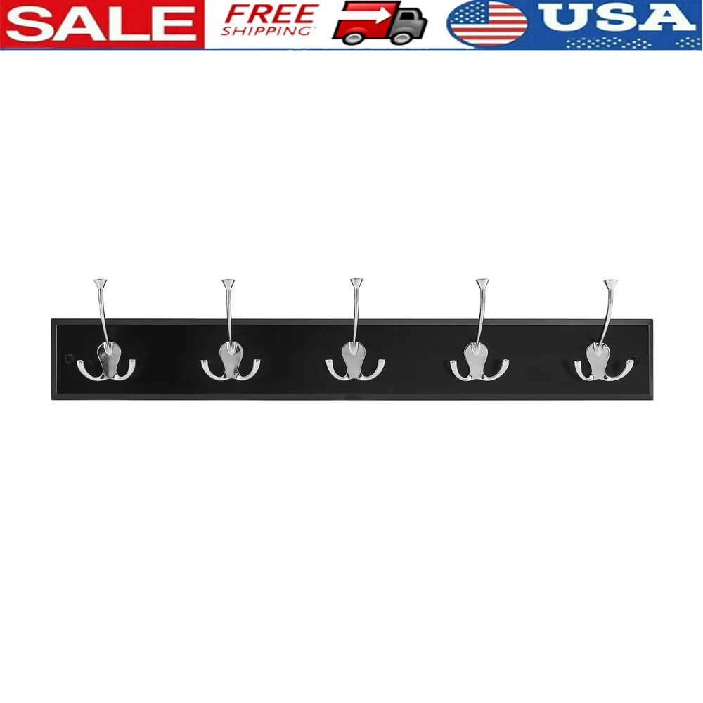 

27 Inch Wall Mounted MDF Coat Rack with 5 Metal Hooks Coats Umbrellas Keys in Bathroom Living Room Foyer Bedroom