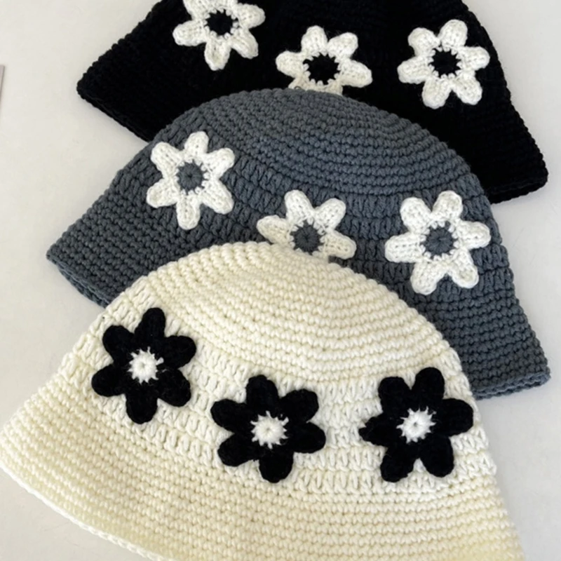 Woman Spring Bucket Hat Crochet Flower Fisherman Breathable Soft Hat Casual