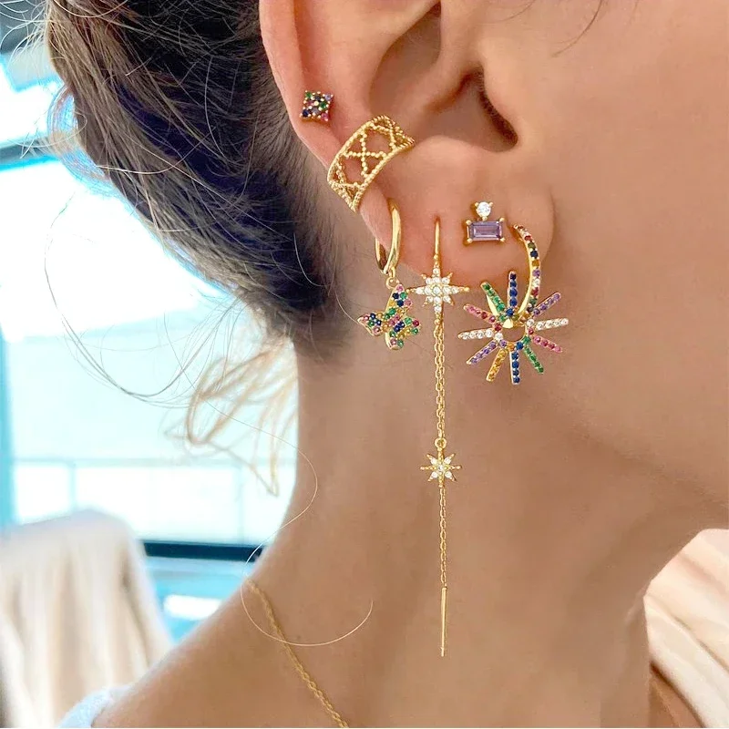 925 Sterling Silver Earrings Colorful Geometric Zircon Hoop Earrings for women Retro Tassel Drop Earring Fashion Wedding Jewelry