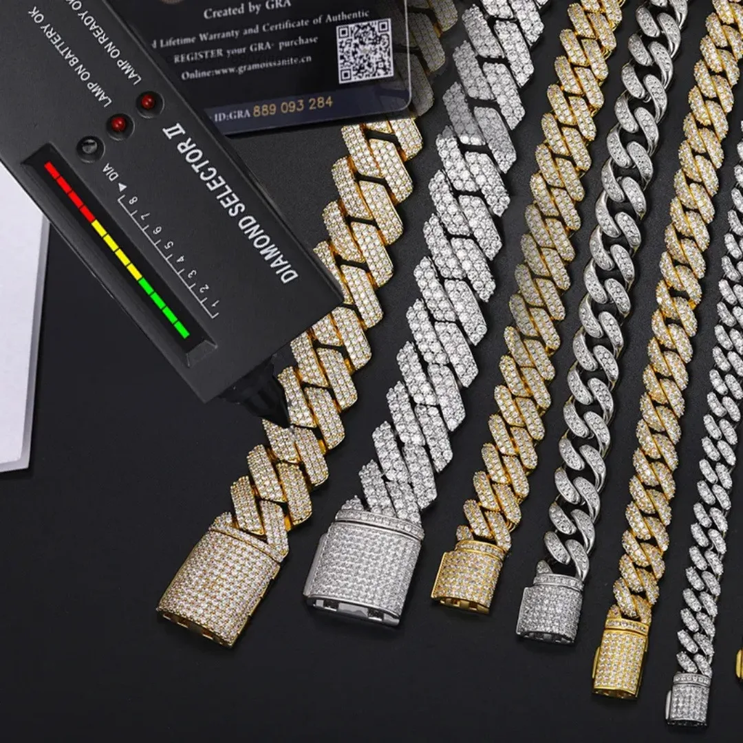 Hip Custom Hop Necklace 925 Sterling Silver 10MM 12MM Width Ced VVS 2rows Moissanite Charm Link Chain Rhodium Plated GDTC.