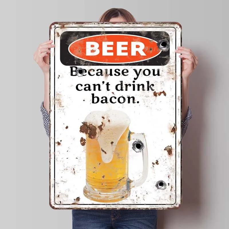 Bacon or Beer Funny Rusty Warning Sign Metal Wall Art Mural Vintage Metal Tin Sign for Bar Outdoor Wall Art Decoration Man Cave