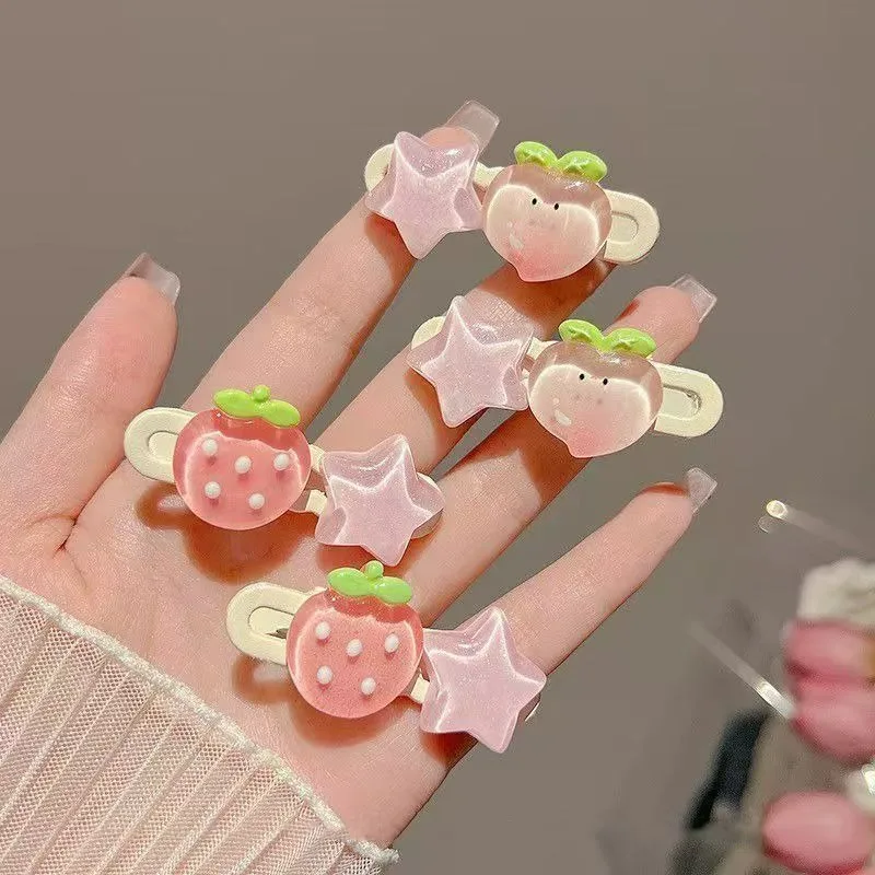 Aesthetic Kawaii Fruit Hair Clips Transparent Jelly Strawberry Peach Star Alligator Clip Cute Side Bang Hairpin Sweet for Women