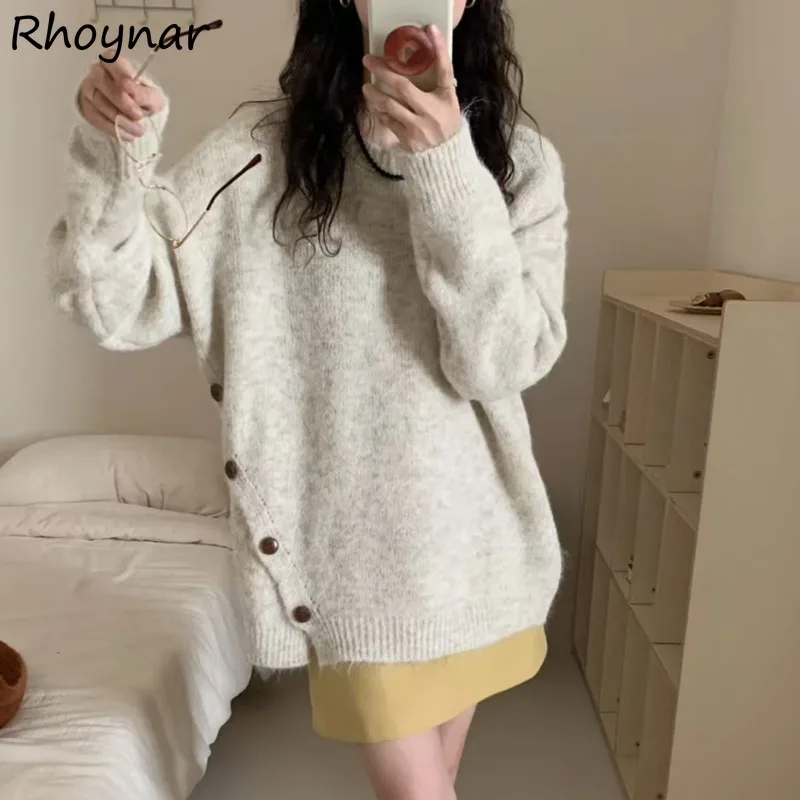 

Cardigans Women Side-slit Button Designed O-neck Knitted Tender Skin-friendly Baggy Cozy All-match Korean Style Elegant Autumn
