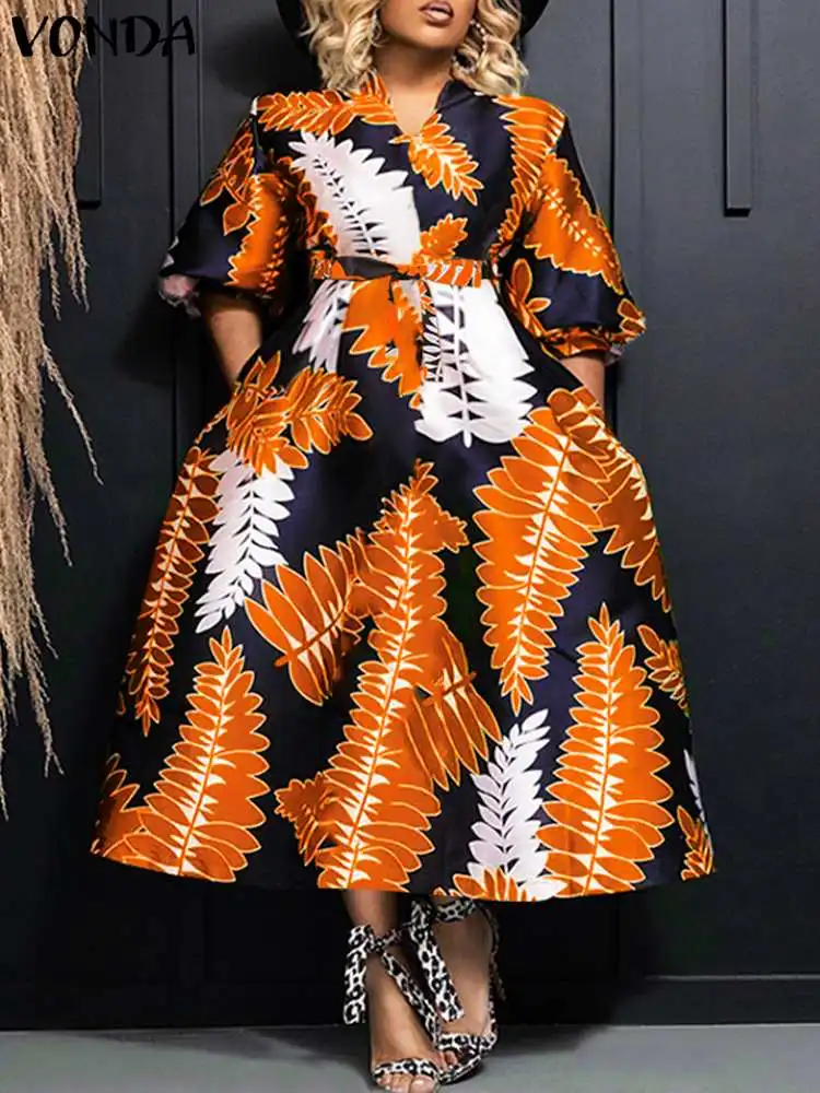 Plus Size 5XL VONDA Summer Party Dress 2024 V-Neck Printed Puff Sleeve Dress Women Sundress Casual Belted Robe Vestido