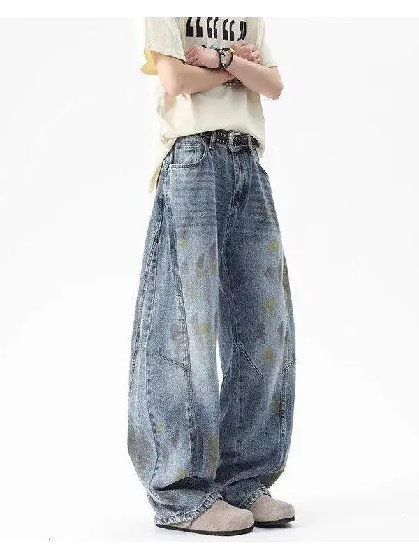 

Уличные джинсы в стиле хип-хоп, окрашенные в грязи, мужские и женские новые американские широкие брюки, модные свободные длинные брюки