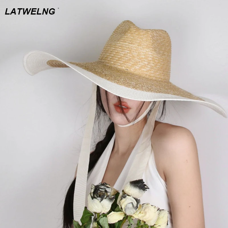 Fashion Big Brim Straw Hat With Long Strap Ladies Summer Beach Hats Hats For Women Luxury Designer Brand Cowboy Hat