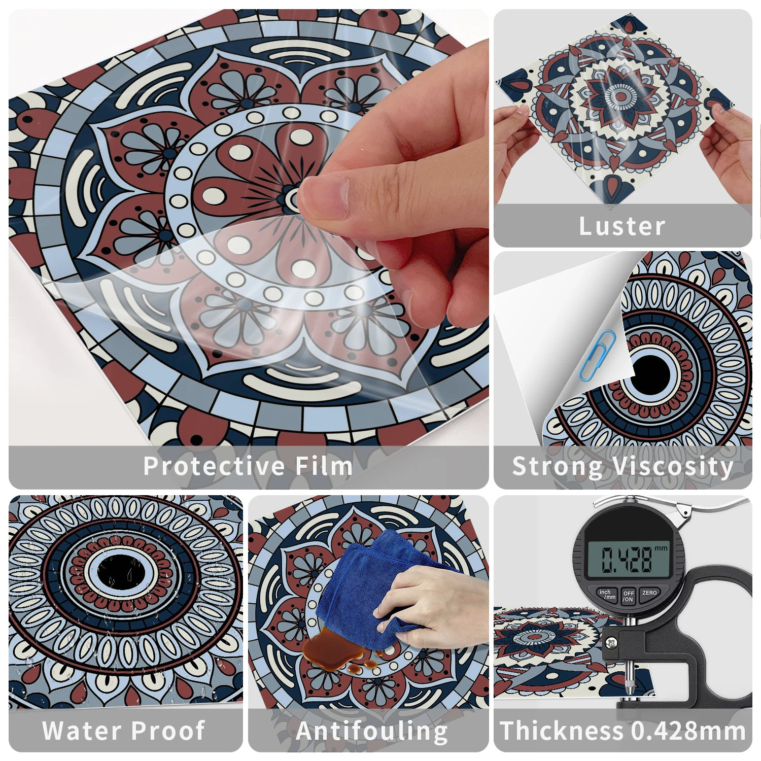 Bohemian Mandala ceramic tile wall stickers, multi style blue and red art self-adhesive, home decoration stickers