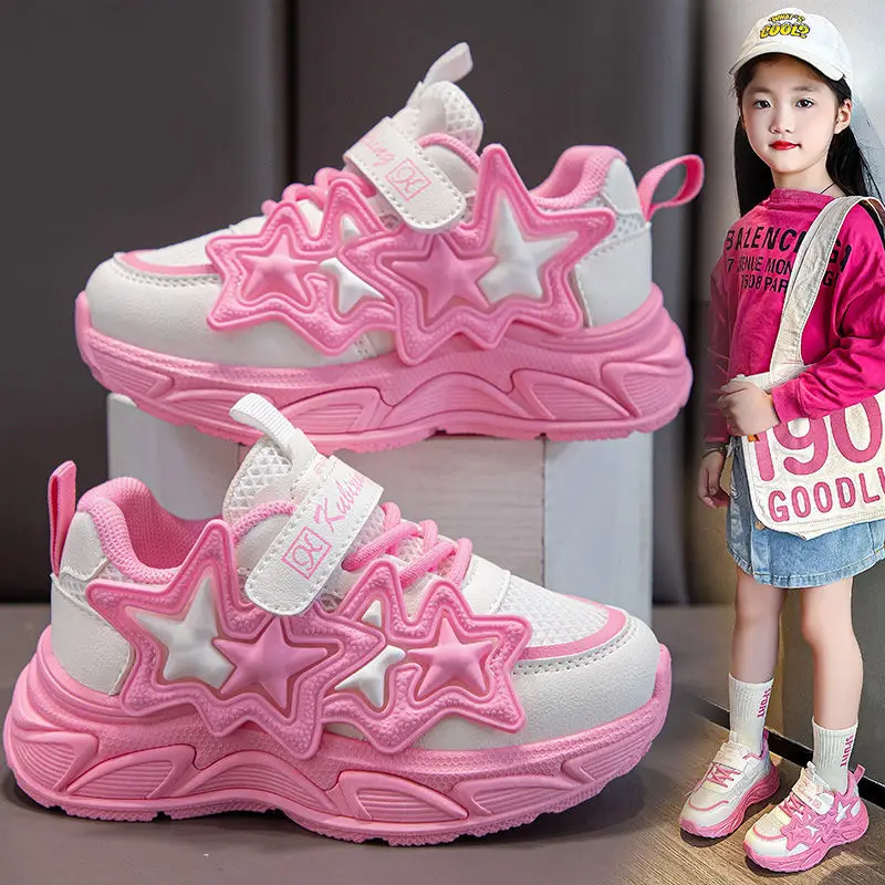 Children Casual Shoes Girls Fashion Sneakers with Stars Spring Autumn Sports Running Shoes Breathable Pu + Rubber Anti-Skid Soft