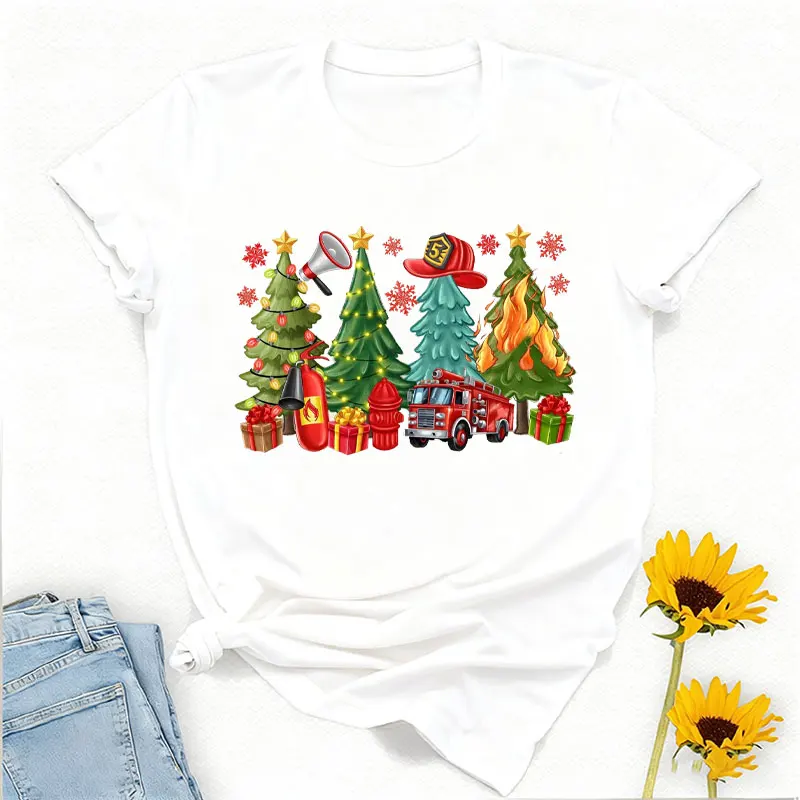 المرأة عيد الميلاد قسم الإطفاء رجال الاطفاء الأشجار تي شيرت رجال الاطفاء عيد ميلاد سعيد القطن المحملة التسامي تتجه تي شيرت
