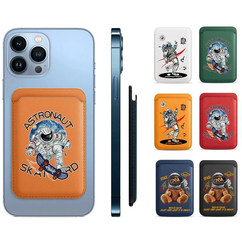 Luxury PU Leather Card Holder For Magsafe Magnetic Card Bag Wallet Case For iPhone 12 13 14 11 Toy Bear Astronaut Card Cover