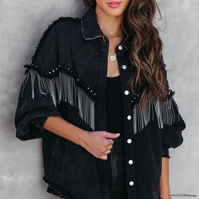 

Casual Button-Up Tassels Fringed Oversize Black Denim Jacket For Women Streetwear Jean New In Outerwears Chic Winter Coat Tops