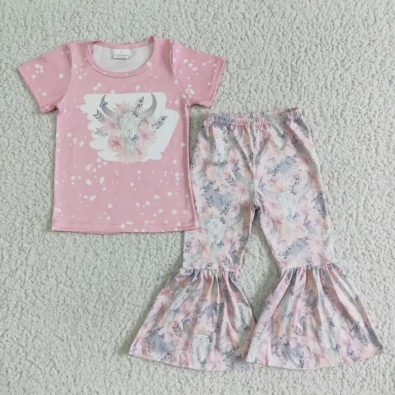 

New Summer Fashion Baby Girls Pink Bull Tau Flower Short Sleeve Pants Set Boutique Wholesale Kids Children Clothing Outfits