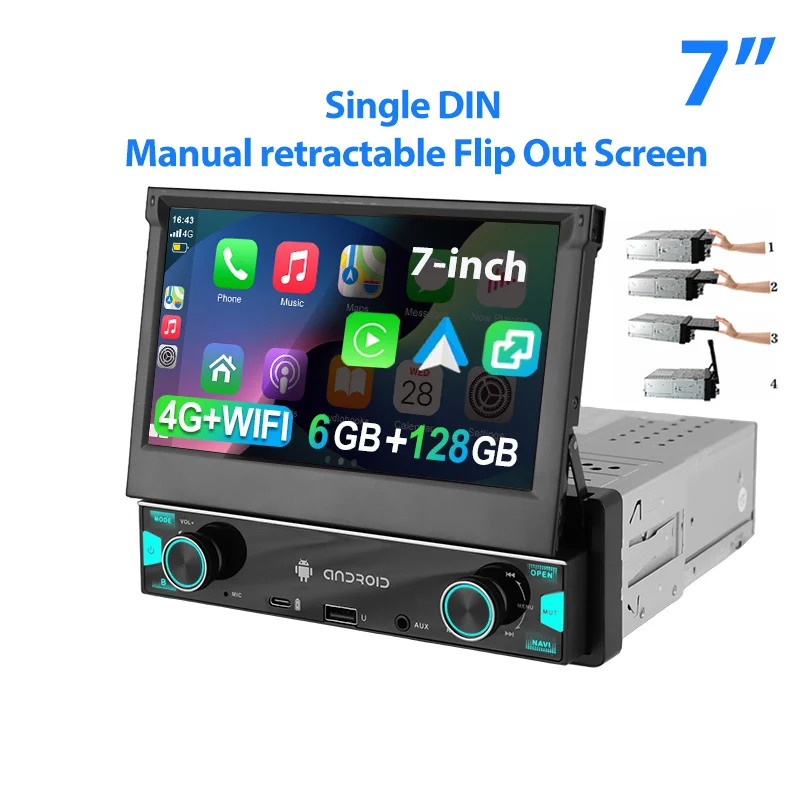 ESSGOO Autoradio Android15 7" 6+128 GB 1 DIN Handmatig Intrekbaar Uitklapbaar Aanraakscherm 4G LTE Draadloze CarPlay Android Auto RDS Equalizer GPS Navigatie WiFi Bluetooth FM AM Mirror Link - afbeelding 2