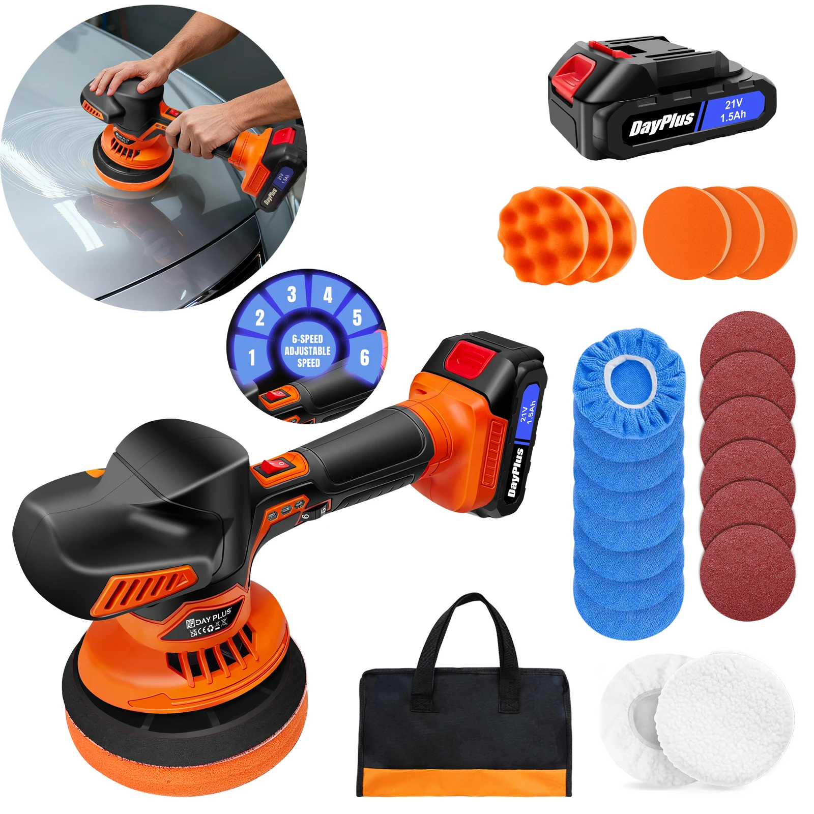 DayPlus Kit lucidatrice per tamponi per auto senza fili con display digitale, 2 batterie, 6 velocità, cera lucidante portatile per ceratura