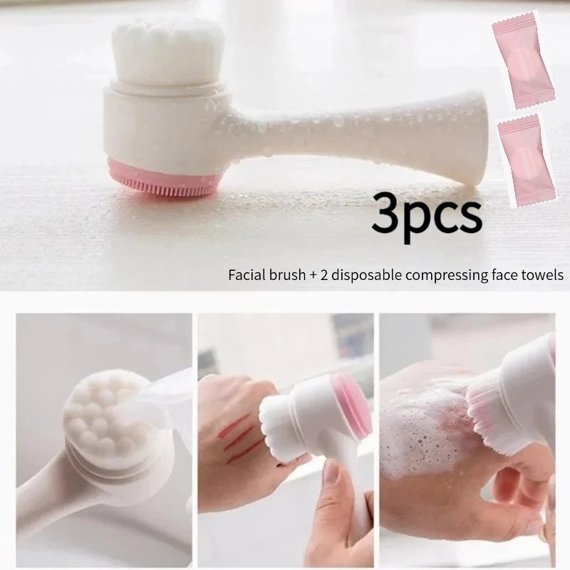 Facial Cleansing Set, Includes a Dual-ended Manual Facial Cleansing Brush with Disposable Compressed Facial Towels