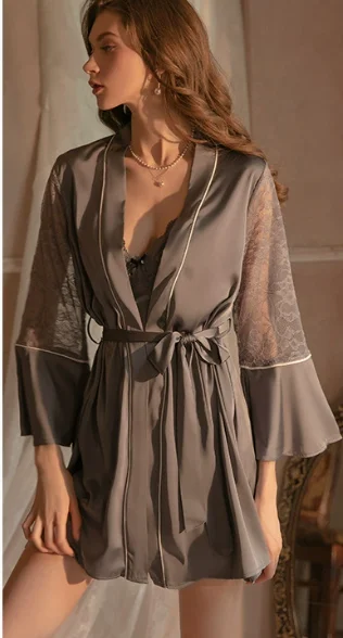 New Design Autumn Silk Nightgown Satin Suspenders Nightdress Women's Deep V Lace Pajamas 3 Pieces Home Dress Set