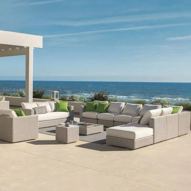 Nordic courtyard rattan furniture outdoor waterproof sunscreen sofa coffee table pedal double recliner resort bed and breakfast
