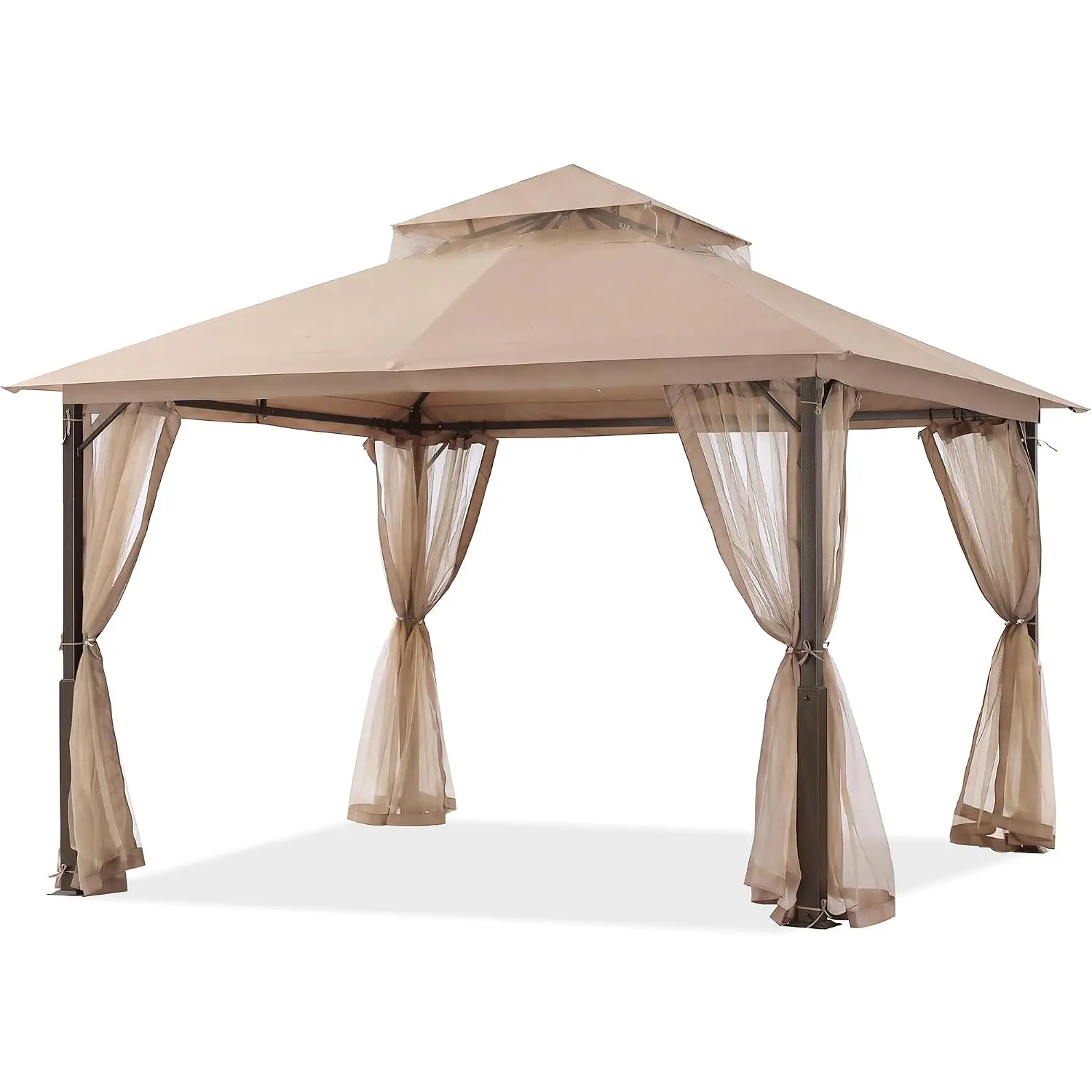 11x13 FT Outdoor Patio Gazebo, Khaki, Spacious Garden Canopy with Mosquito Netting for Backyard, Deck and Outdoor Relaxation