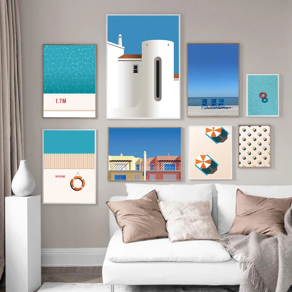 Frameless Canvas PaintingMinimalist Swimming Pool Poster Print Miami Ocean View Canvas Painting Summer Beach Wall Art Pictures F