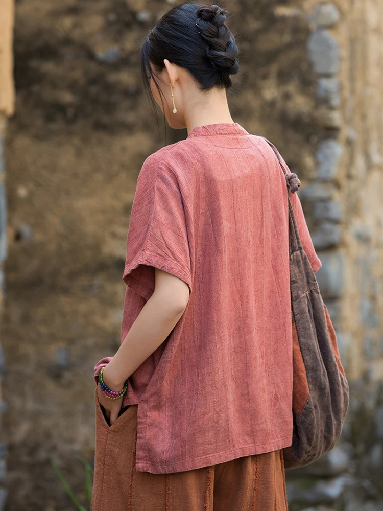 Femmes coton lin chemise décontractée nouveau 2025 été Style chinois Vintage col montant ample femme à manches courtes hauts chemises M1307