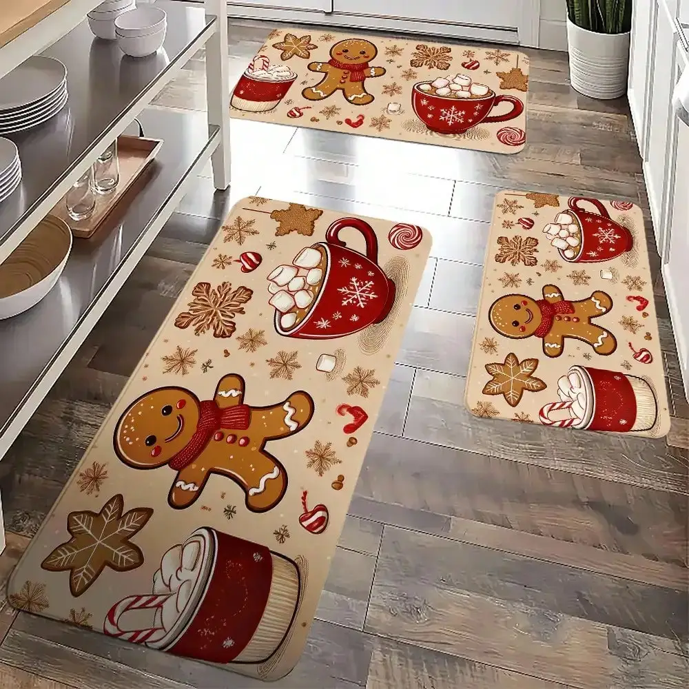 

3PCS Cozy Christmas Area Mats. Gingerbread/Candy Cane Prints, Polyester Machine-Washable for home holiday decor.