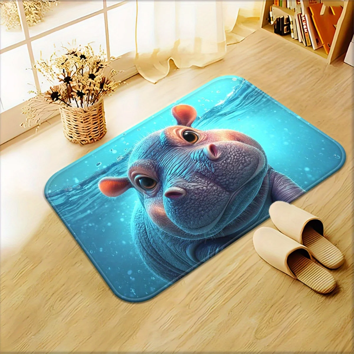 1pc Hippo Blue Water Door Mat - Cute Cartoon Hippo Design, 100% Polyester Microfiber Absorbent Machine Washable Mat for Bathro