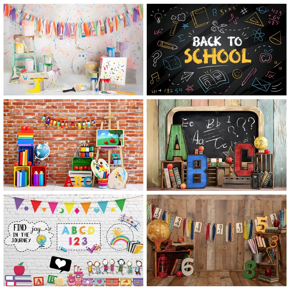 Back to School Backdrop Books Pencil Brown Wooden Wall Floor Baby Children Portrait Photography Background for Photo Studio Prop