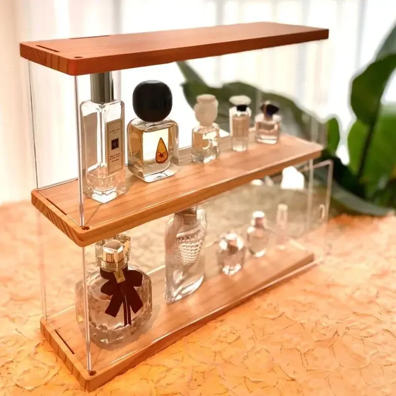 Aromatherapy Rack Dust-proof Wooden Acrylic Cosmetic Storage Shelf Desktop Storage Rack Multi-Layer Perfume Organizer