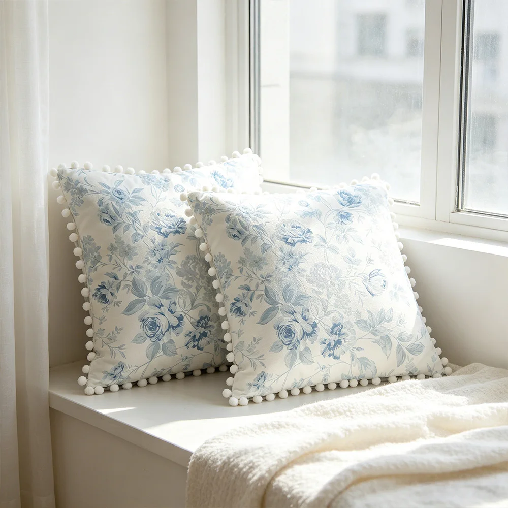Retro Blue White Rose Floral Ball Trim Pillowcase 100% Polyester Fiber Machine Washable Invisible Zipper Design No Pillow Core F