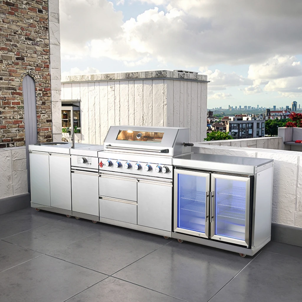 OEM/ODM Customized 304 Stainless Steel Modular Kitchen Outdoor Island With Built-in Gas Grill & Sink & Cabinet