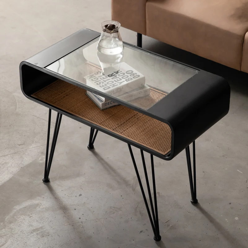 Metal Corner Table Black Square Living Room Sofa Side Table Rattan Tempered Glass Tea Table with Storage