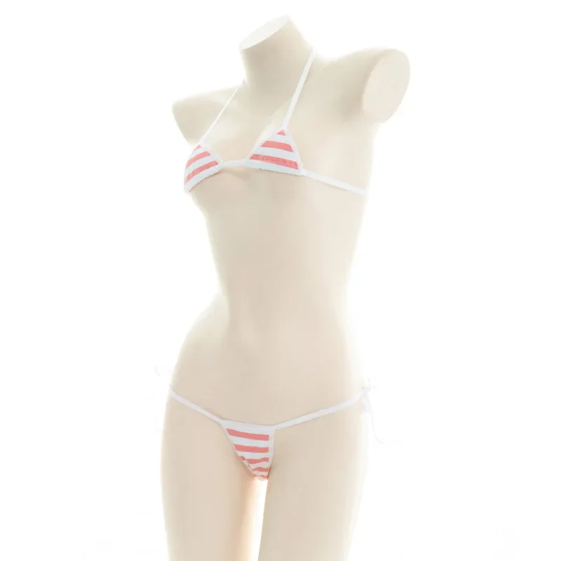 Japan Lolita Kawaii Blue Pink White Striped Mini Bikini Adult Cosplay Women Bra Underwear Set Frenum Swimsuit