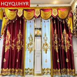 Europe Luxury Wine Red Gold Embroidered Villa Curtains for Living Room Windows High Quality Velvet Bedroom Hotel Valance Curtain