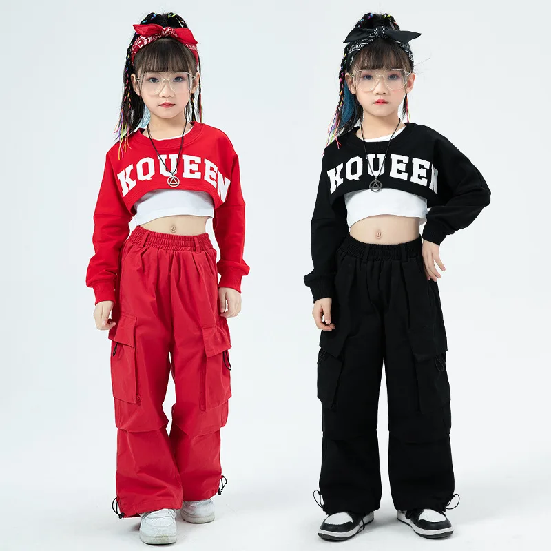 Hip Hop Crop Jacket Solid Cargo Pants Clothes Set Kids Jazz T-shirt Street Dance Contrast Joggers Child Streetwear Outfits