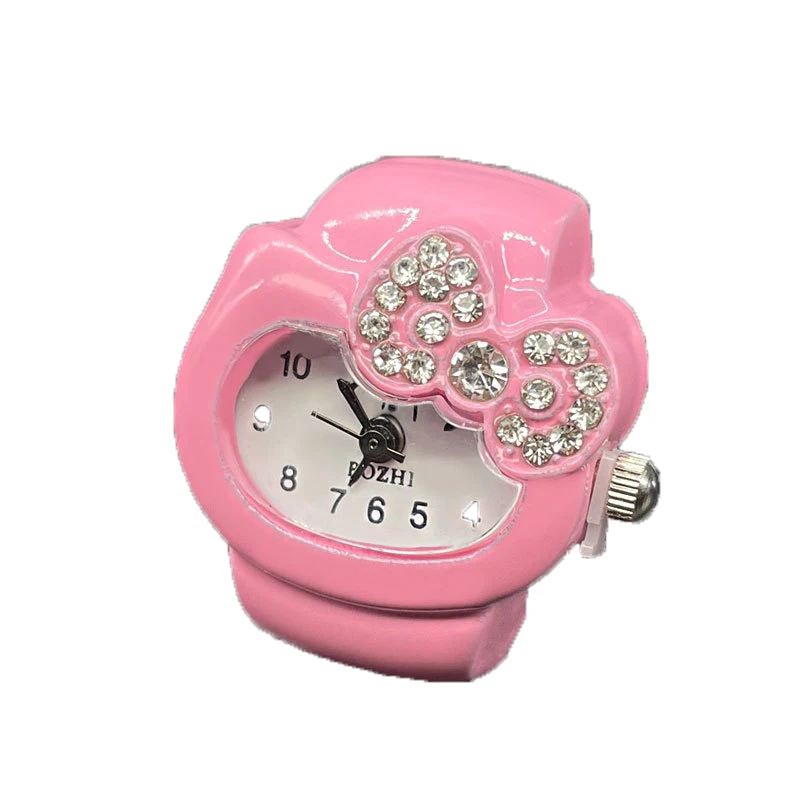 Lovely Rhinestone Bow Cat Clock Finger Ring for Women Girls Fashion Finger Adorn Accessories Punk Mini Quartz Rings 2024 New
