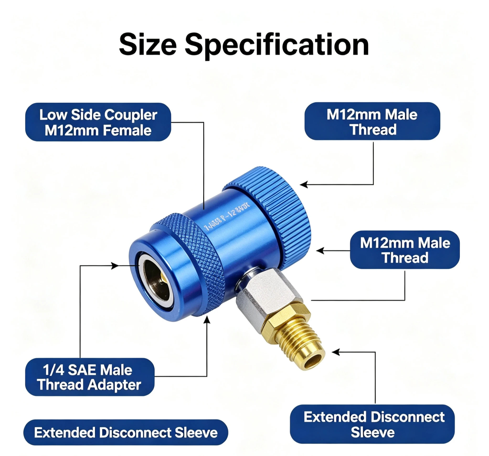 R1234yf Refrigerant Quick Coupler Brass Aluminium Alloy Low Side Blue Coupler With M12mm Male To 1 4 SAE Male Thread Adapter