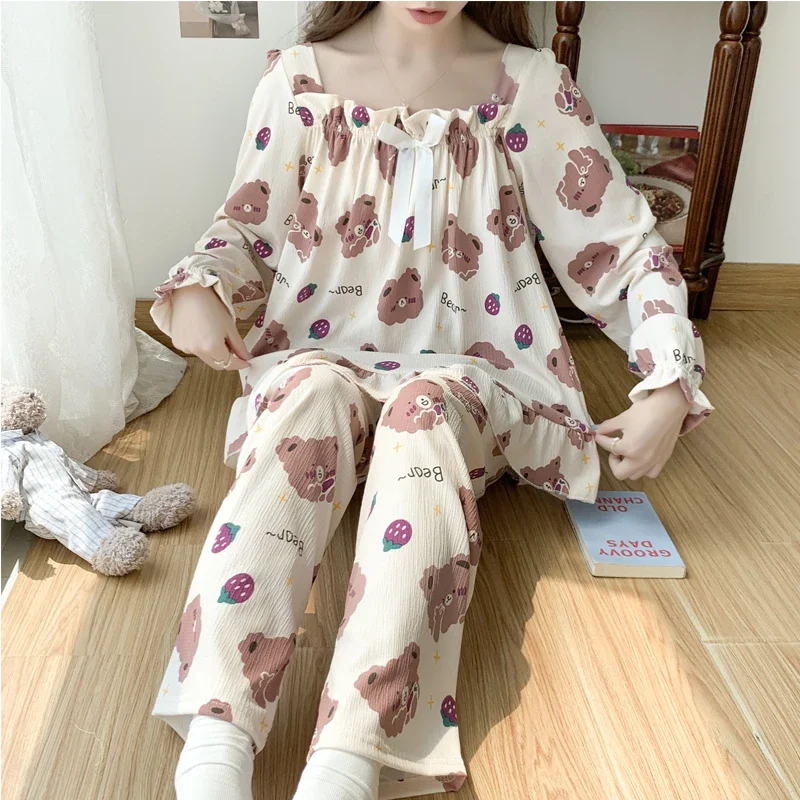 Plus Size Pajama Mujer Cherry Print Sleepwear Set Long Sleeve Top Pants Ruffle Homewear Skin-Friendly Breathable